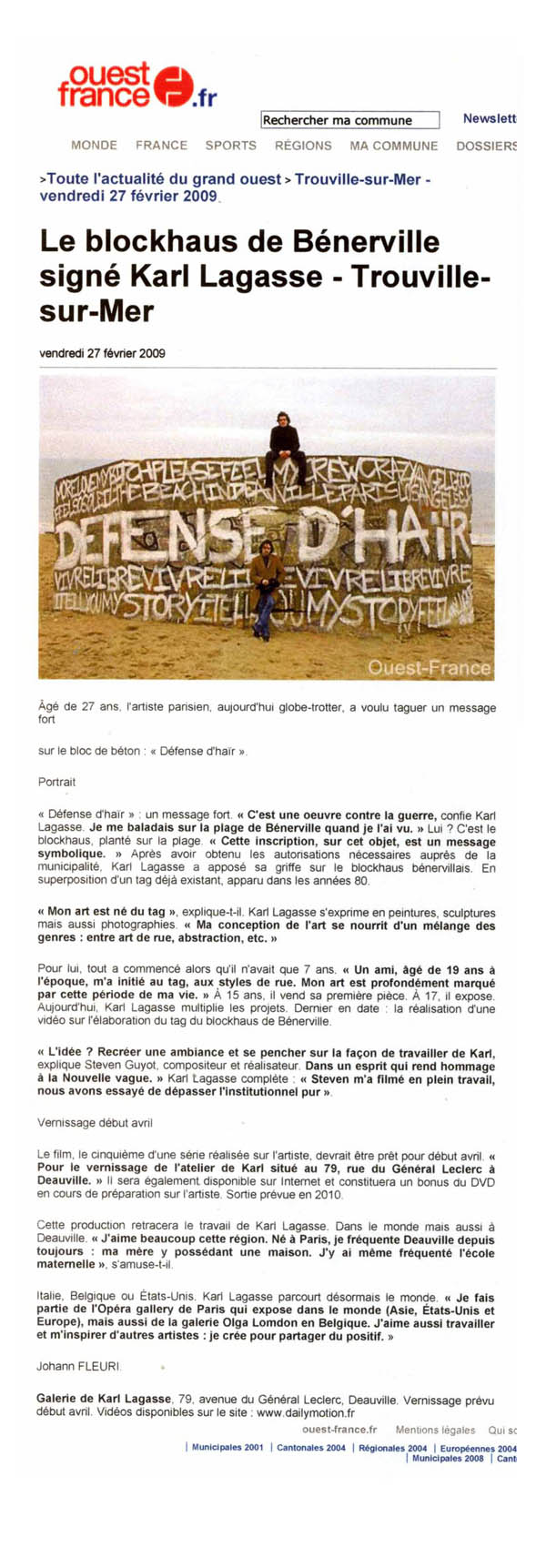 <b>Ouest France<br/>Février 2009</b><br/>Le blockhaus de Bénerville signé Karl Lagasse